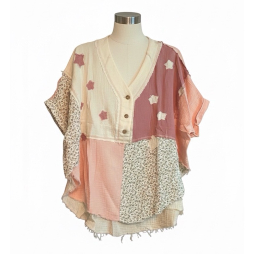 Mixed Patchwork V-Neck Blouse in Pink and Cream